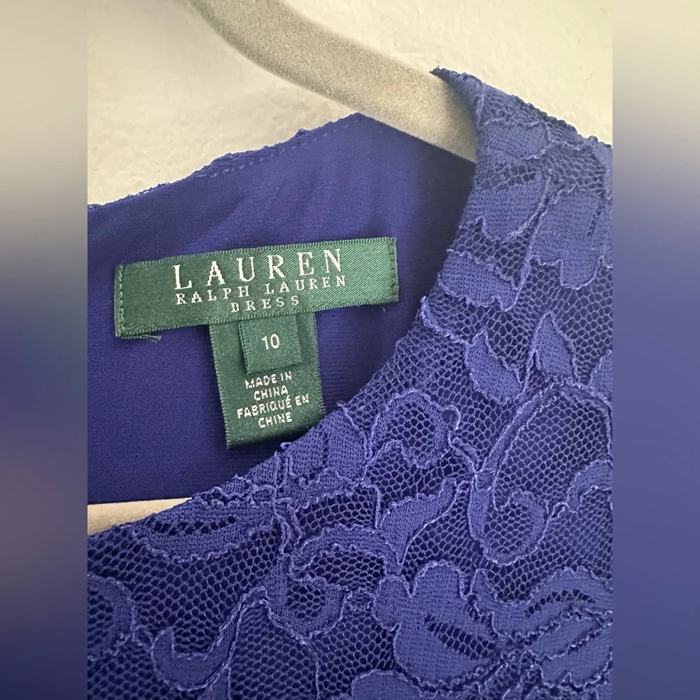 RALPH LAUREN Blue Stretch Floral Lace Sheath Scallop Trim Dress Size 10 - Picture 7 of 10